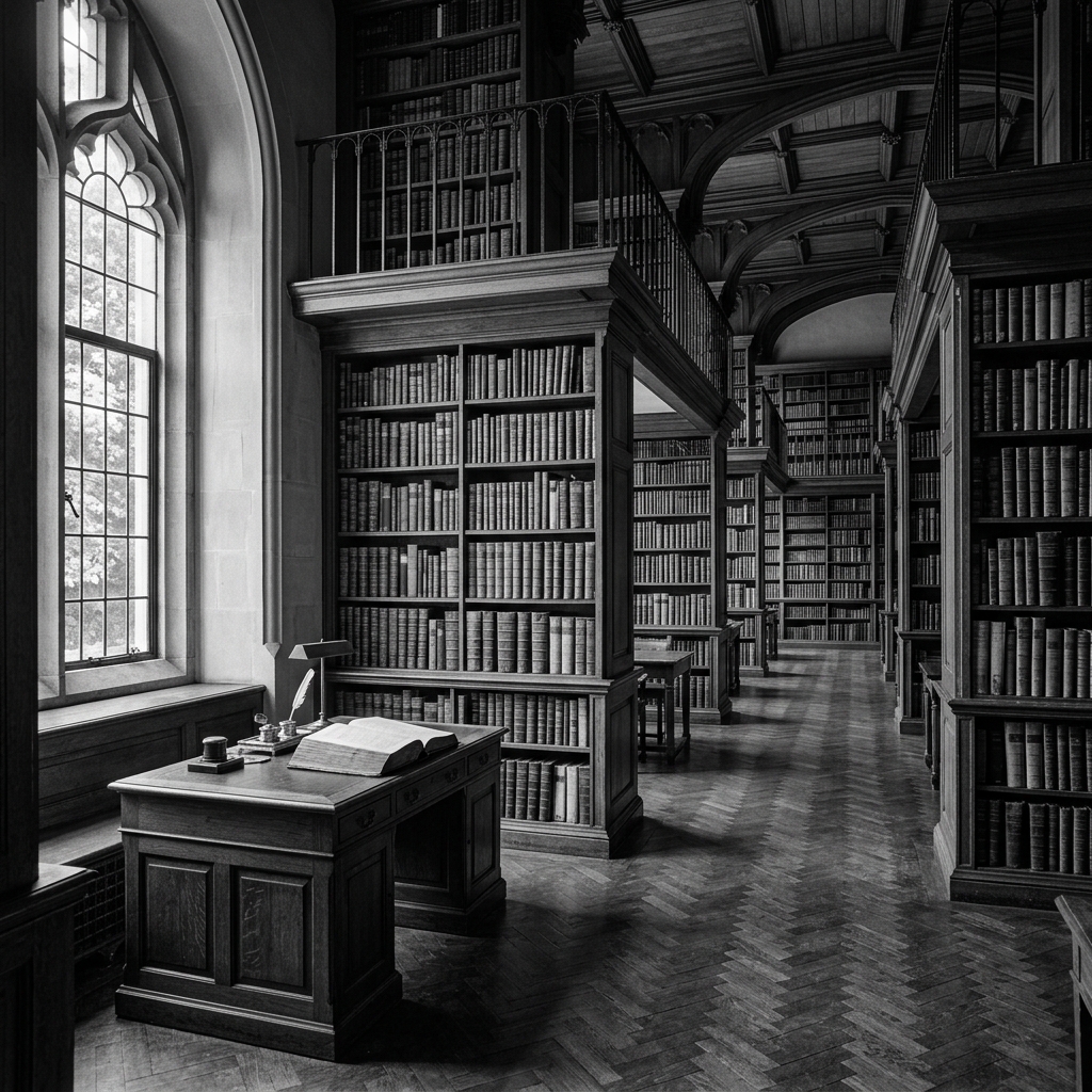 Interior de biblioteca clássica em tons de cinza, com livros antigos e luz natural